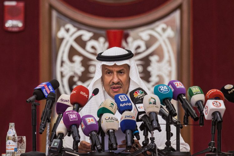 Saudi Arabia's Energy Minister Prince Abdulaziz bin Salman gives a press conference in the Red Sea coastal city of Jeddah on September 17, 2019. - Saudi Arabia said on September 17 its oil output will be back to normal by the end of September and that half the production lost in attacks on two key facilities has been restored already. "The production will be back to normal by the end of September," the Energy Minister told a press conference. A Saudi official also said plans for the listing of oil giant Aramco will continue "as is". (Photo by - / AFP)        (Photo credit should read -/AFP via Getty Images)