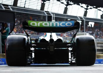 Fernando Alonso, Aston Martin AMR23, leaves the garage