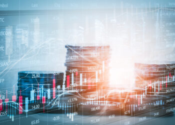 Saving Bank for Business Finance concept, coin and rows growth, Stock market or forex trading graph and candlestick chart suitable for financial investment money, currency exchange background