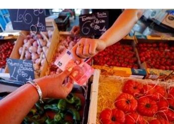 A shopper pays with a ten Euro bank note at a local market in Nice, France, June 7, 2022.  REUTERS/Eric Gaillard